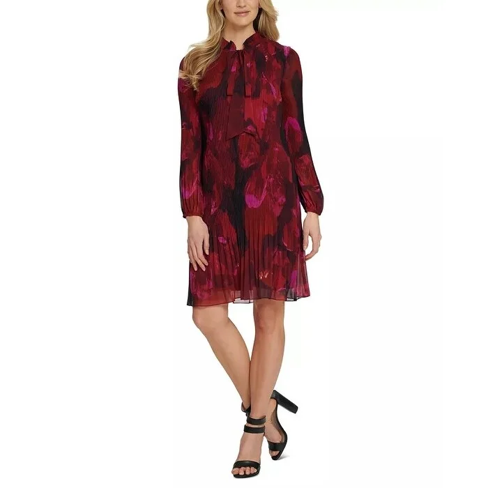 Fashionable And Versatile DKNY Women's Tie Neck Mini Pleated Dress Medium Red Size 4