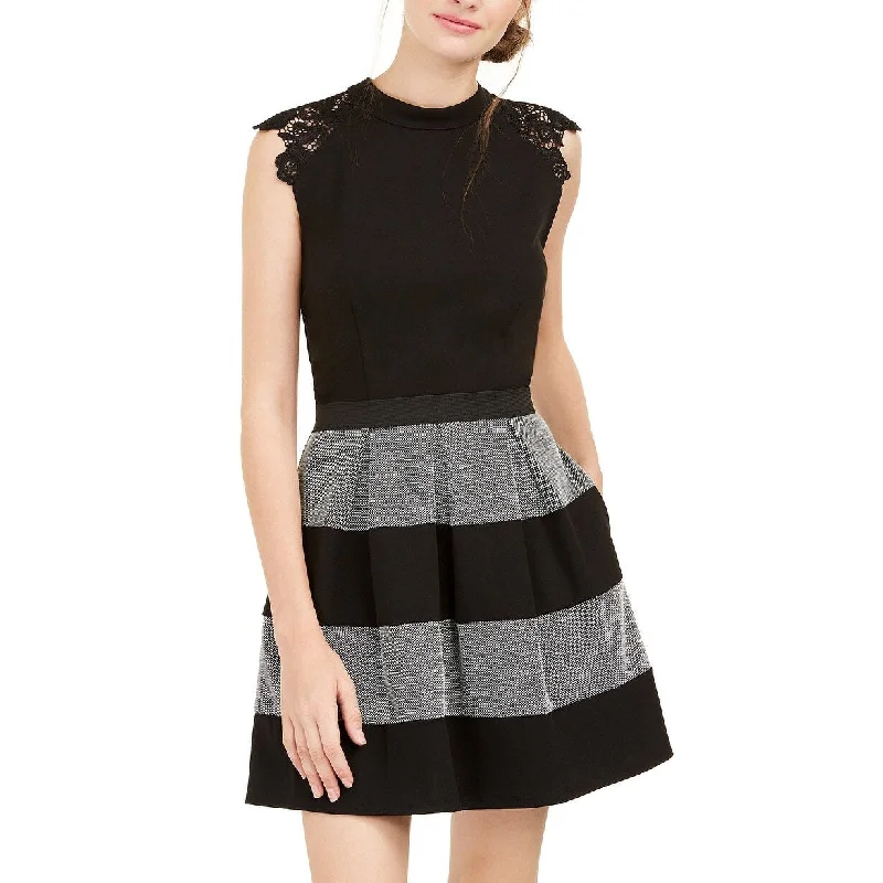 Exclusive Customization Speechless Juniors' Lace-Trim Striped Fit & Flare Dress Charcoal Size X-Small