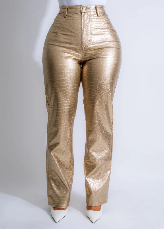 Unique Design Savanna Croc Faux Leather Pants Gold