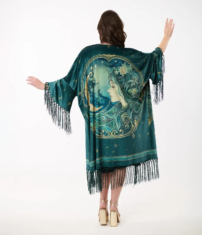 Playful Style Unique Vintage 1930s Green Art Nouveau Fringe Kimono