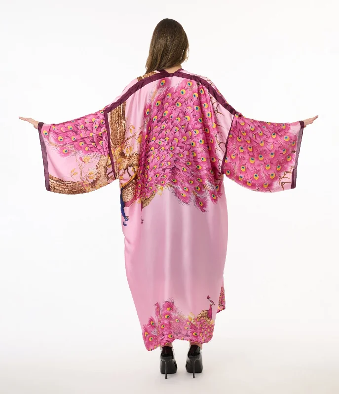 Fresh And Simple Pink Peacock Satin Kimono