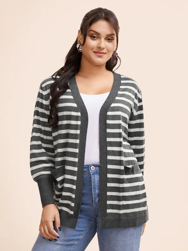 Cozy Outerwear Striped Lantern Sleeve Patched Pocket Cardigan