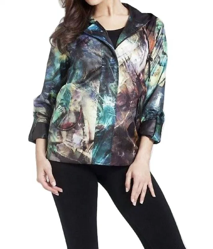 Watercolor Hooded Rain Jacket In Black Multi