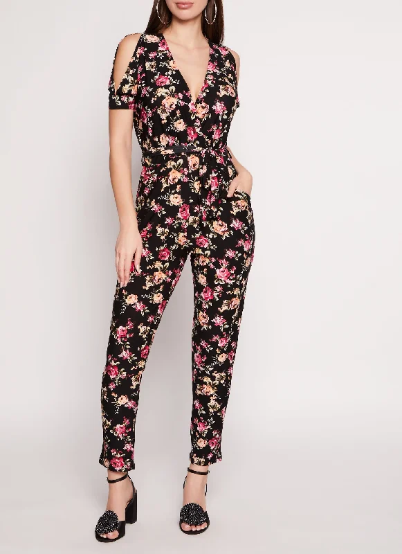 Patterned Cold Shoulder Jumpsuit