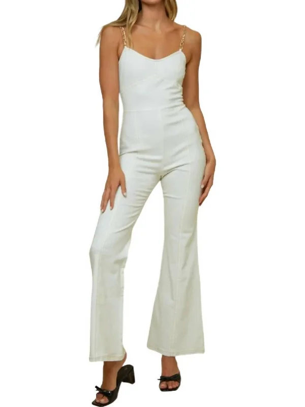 Chain Shoulder Detail Denim Jumpsuit In White