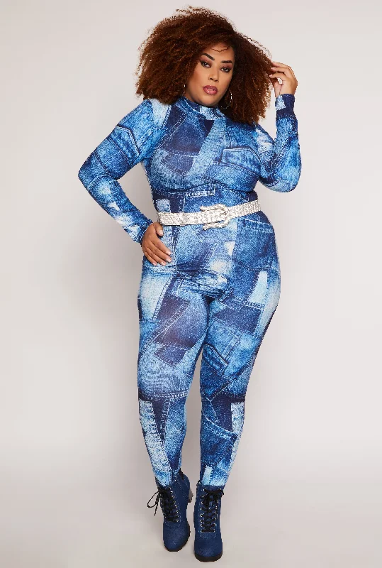 Plus Size Denim Print Catsuit