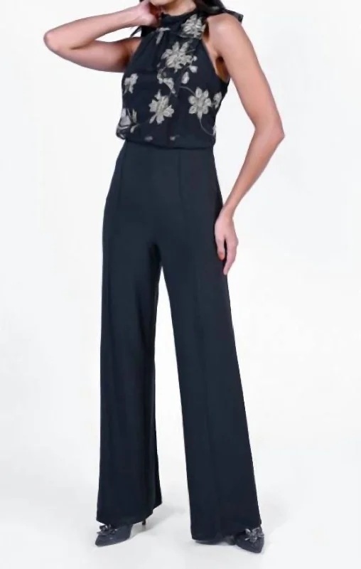 Floral Brocade Jumpsuit - 229012 In Black