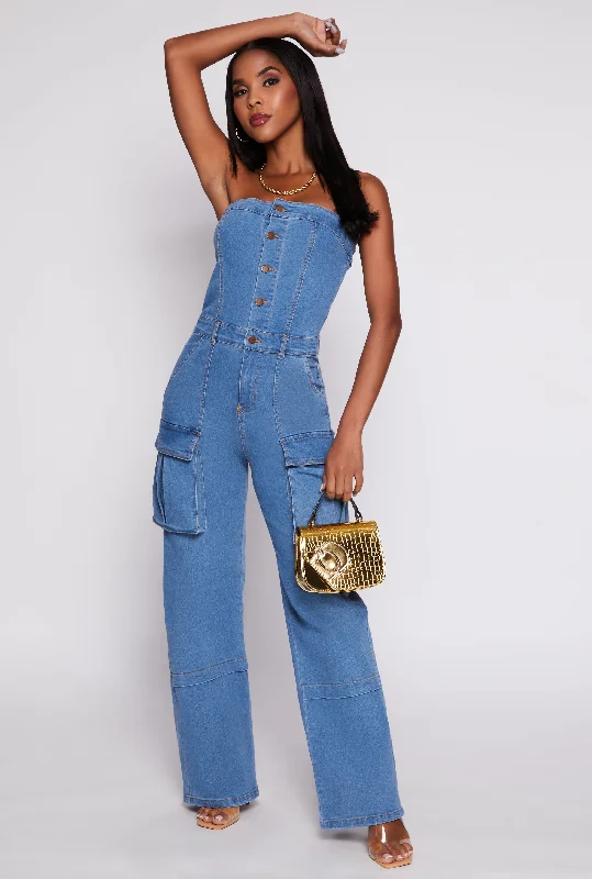 Daisy Strapless Denim Cargo Jumpsuit