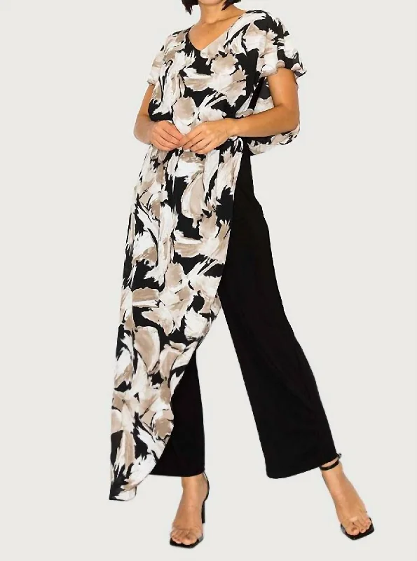 Printed Jumpsuit With Chiffon Overlay In Tan Floral