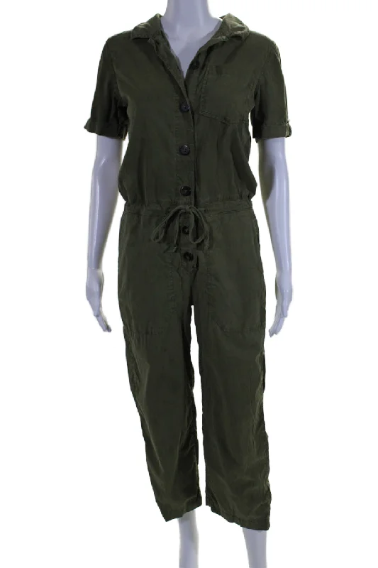 Sezane Womens Textured Collar Button Short Sleeve Jumpsuit Army Green