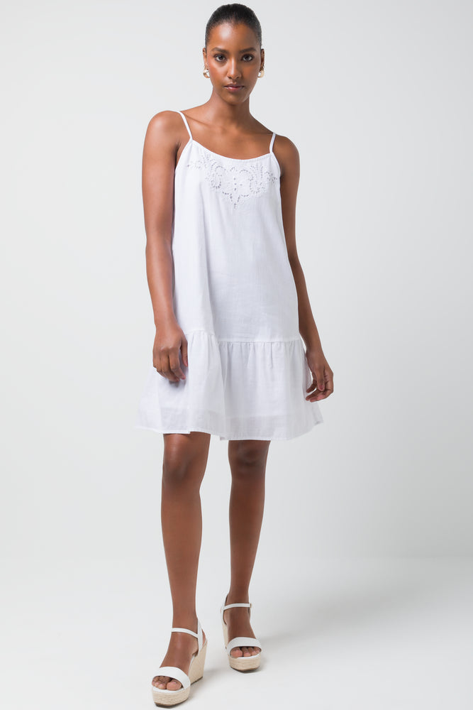 Strappy Anglais Tiered Dress White