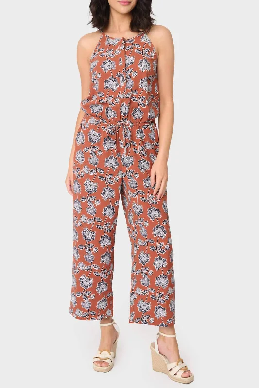 Villa Mia Henley Jumpsuit In Toasted Cinnamon Poppy Print