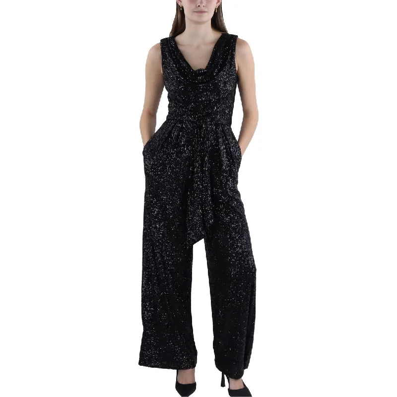 Womens Sequin Cowl Neck Jumpsuit