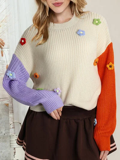 Flower Contrast Round Neck Sweater