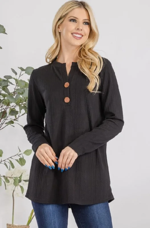 Black Cable Knit Henley Long Sleeve Top - #6117-6123