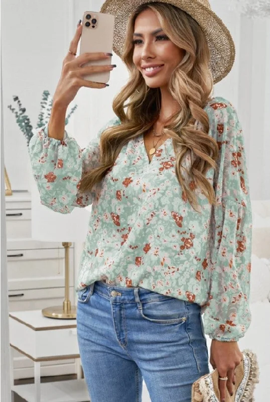 Mint Green Shear Floral Print Top  - #6615-6619